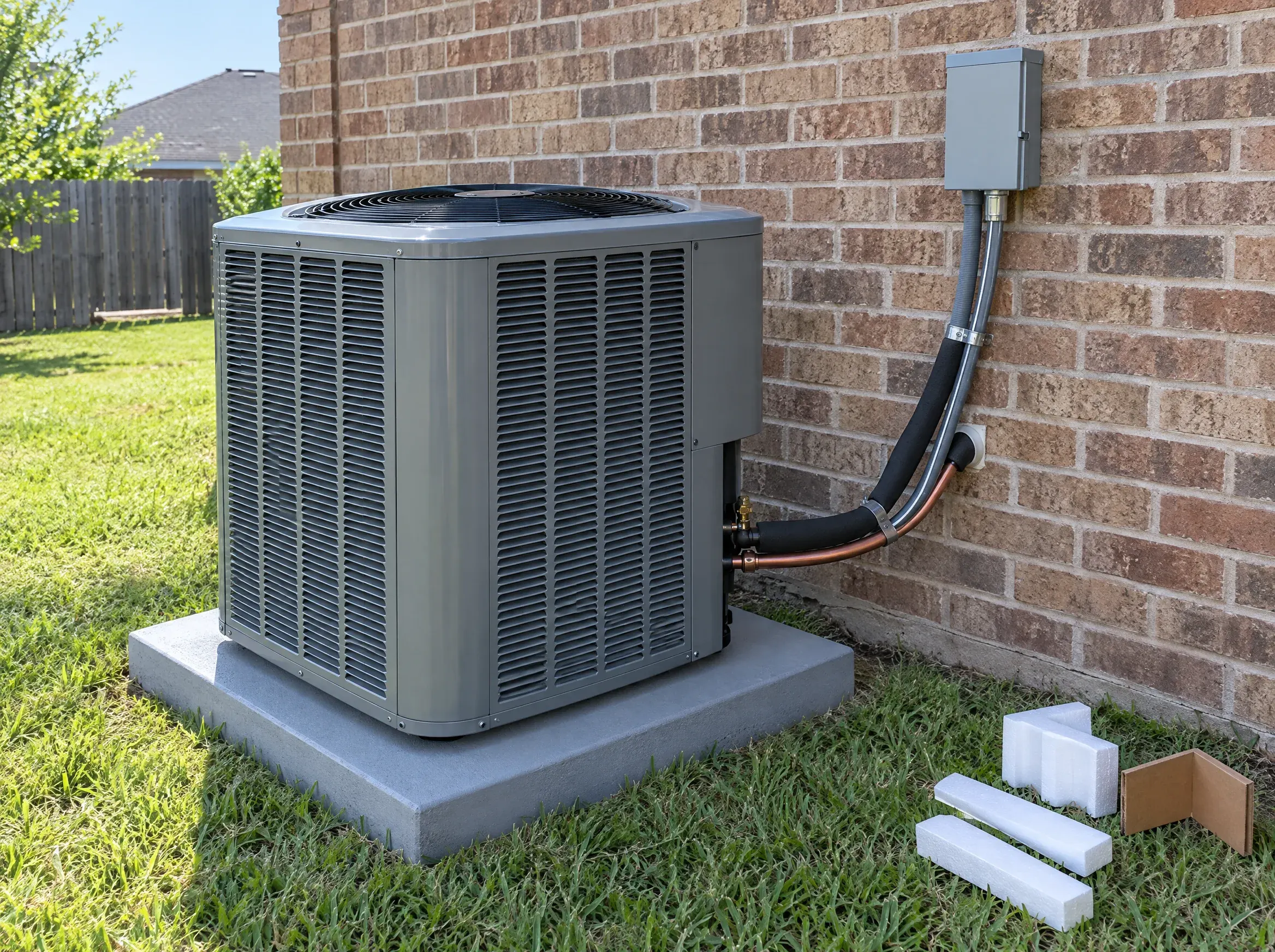 A new outdoor air conditioner on a fresh pad beside a brick wall, with new insulated copper lines and the packing foam set aside on the grass.