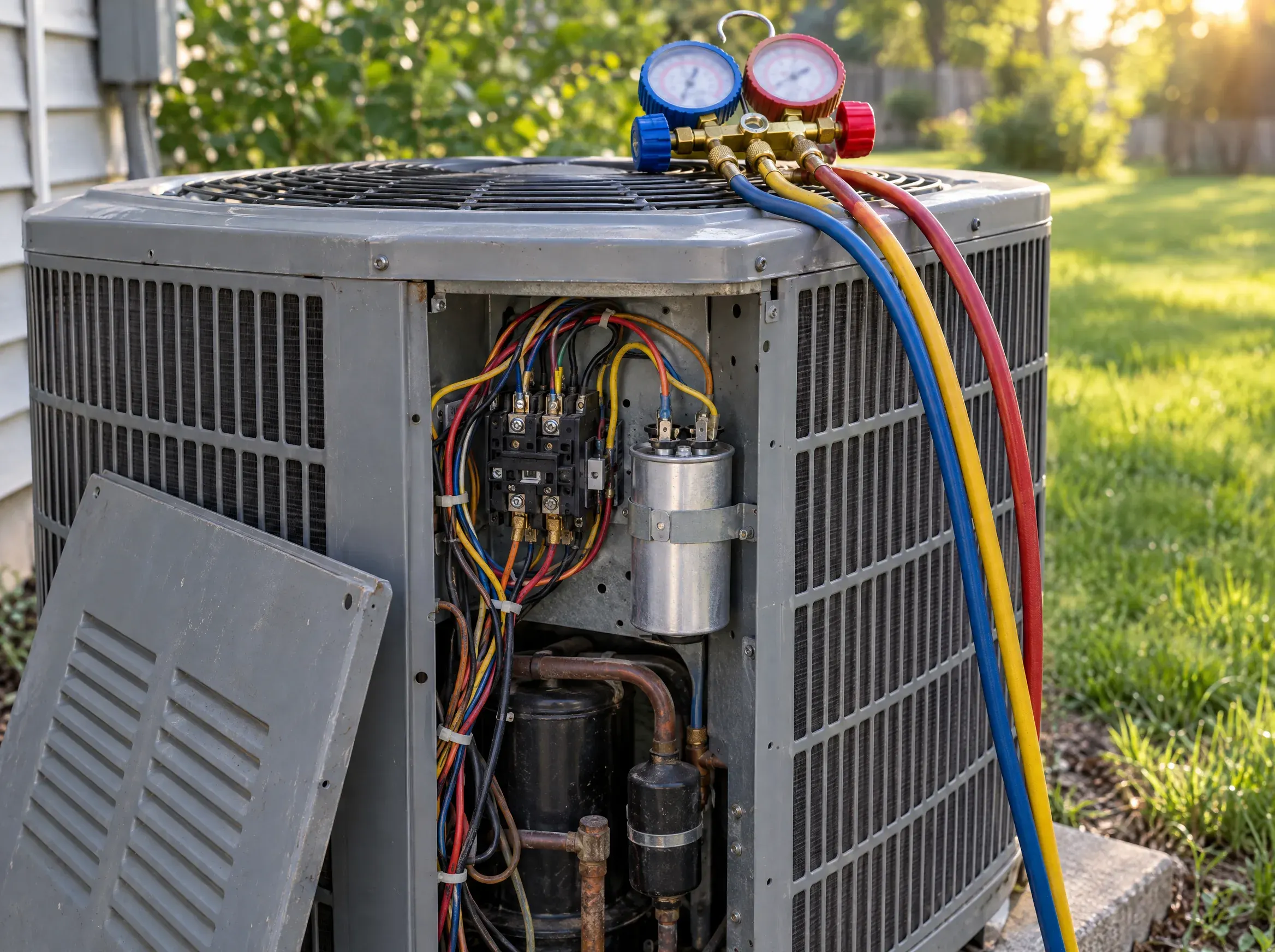 An outdoor air conditioner with its service panel off, the wiring and capacitor showing, and a set of refrigerant gauges resting on top.