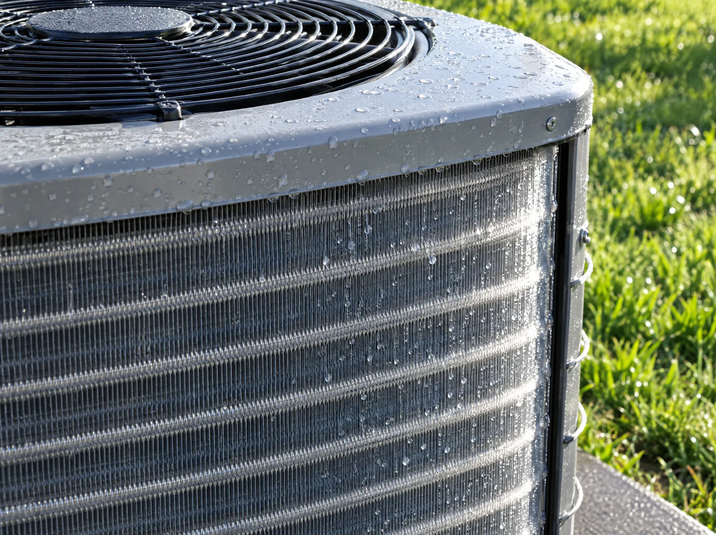 The aluminum coil fins of an outdoor condenser, rinsed clean and beaded with water in the morning light.