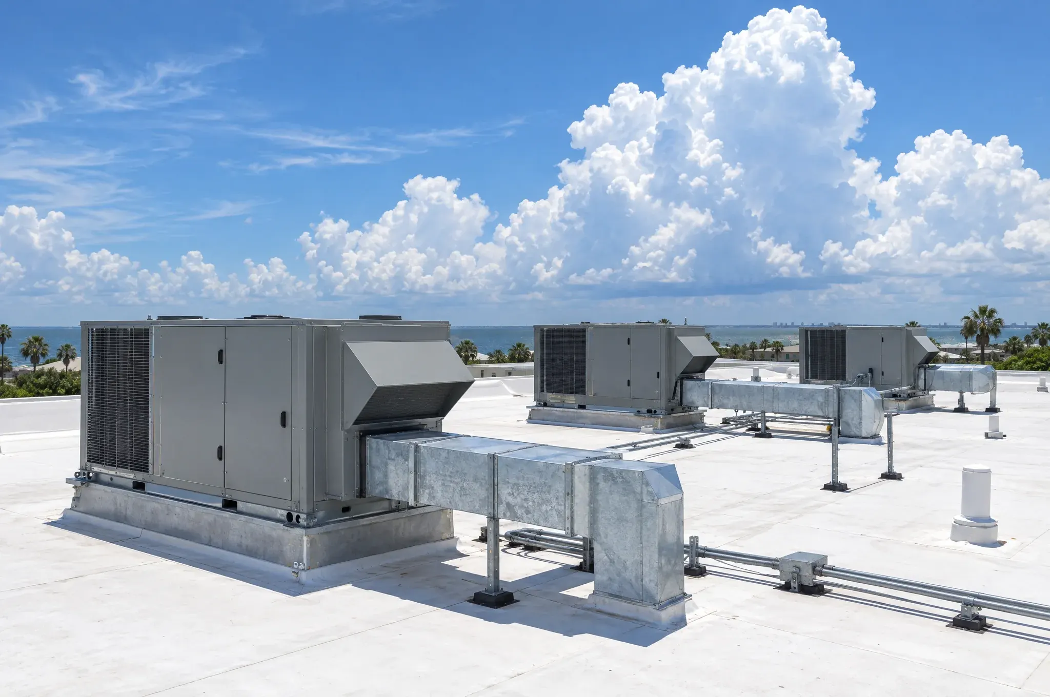 Three gray rooftop HVAC units and galvanized ductwork on the flat white roof of a commercial building under a tall Gulf Coast sky.