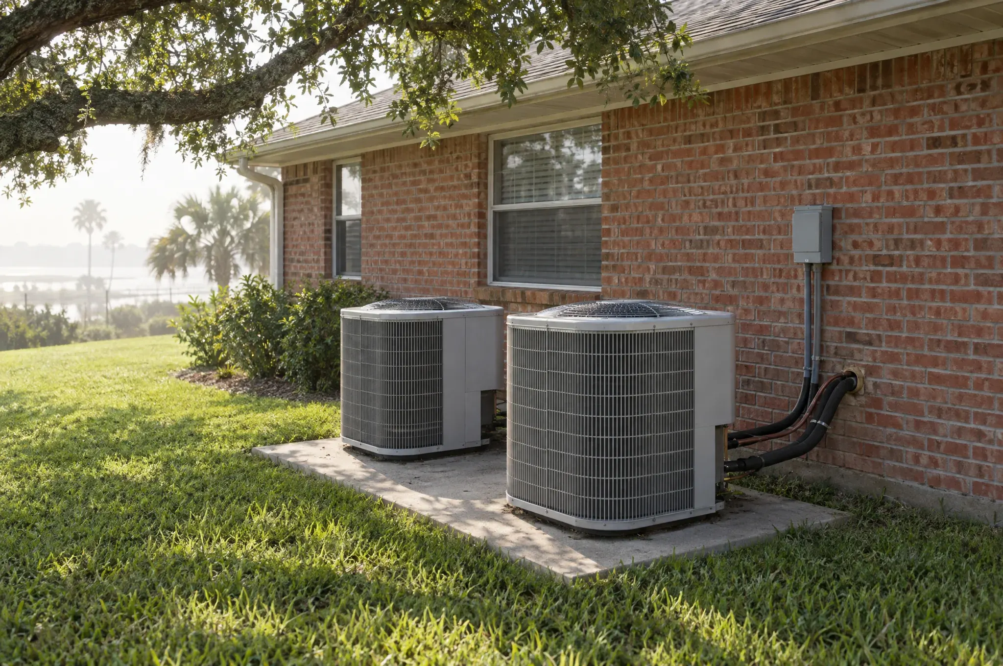 Two outdoor air conditioning condensers on a concrete pad beside a red brick house, in the shade of a live oak on a hazy morning.