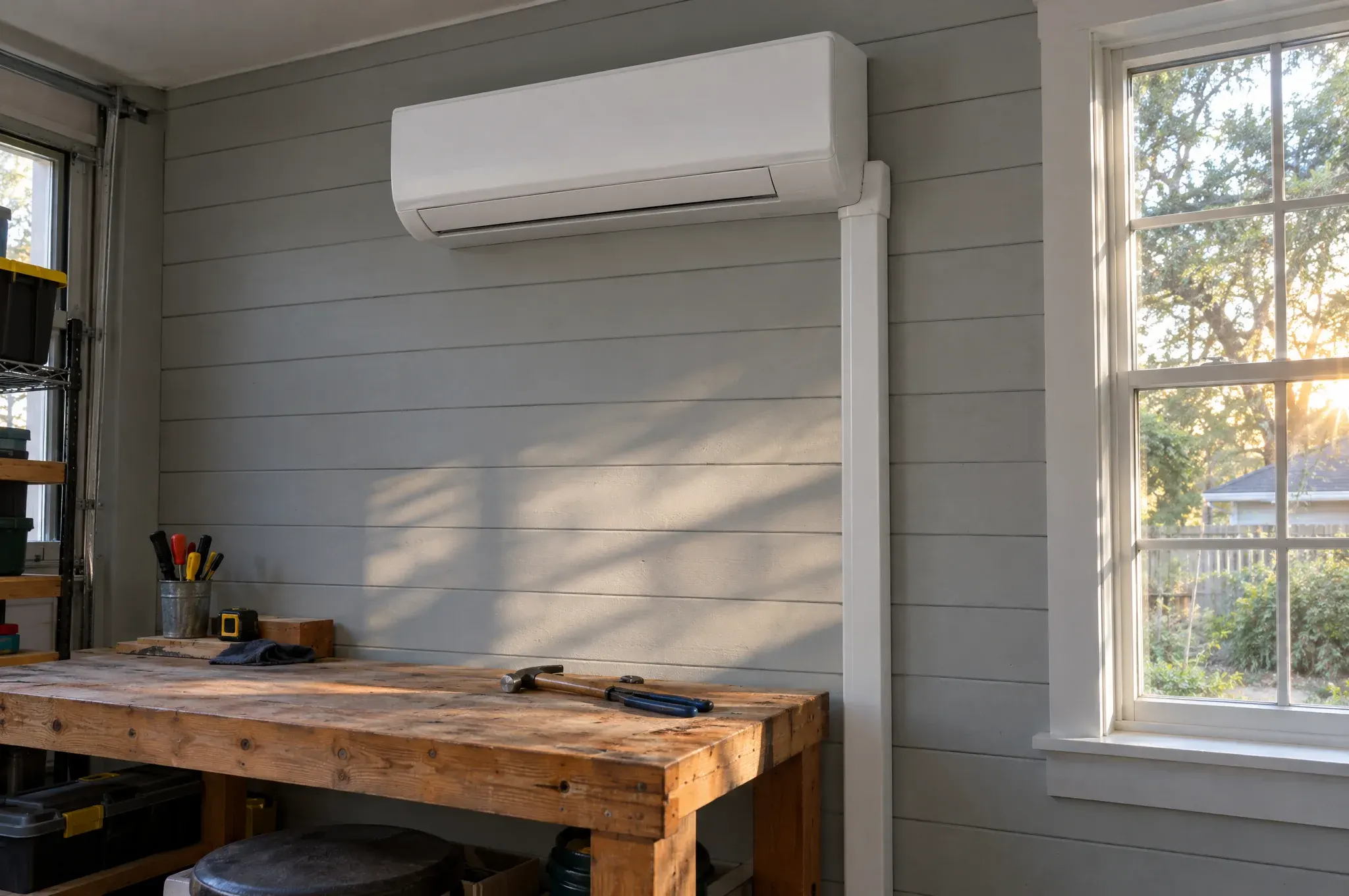 A white ductless mini split mounted high on a gray shiplap wall in a garage workshop, above a wooden workbench, with late sun coming through the window.