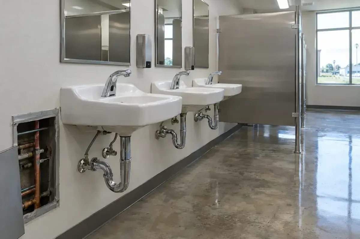 A commercial restroom with three wall-hung sinks, chrome drain traps and an open access panel showing copper supply lines in the wall.