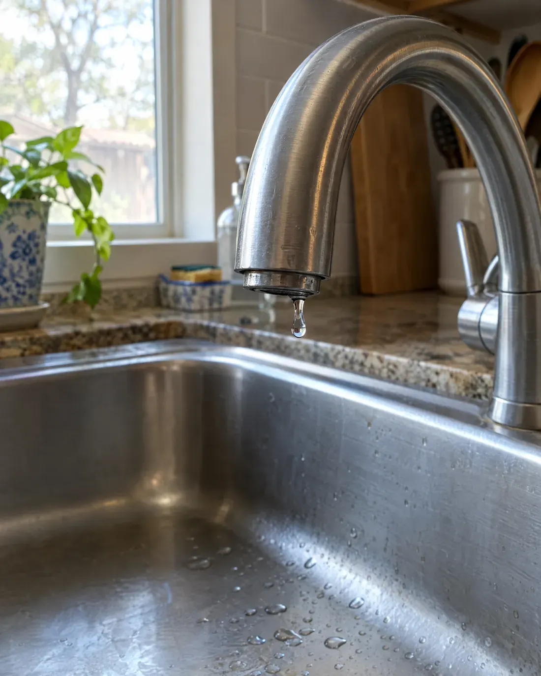 A stainless steel kitchen sink and arched faucet with a drop of water at its tip, a potted plant on the windowsill behind.