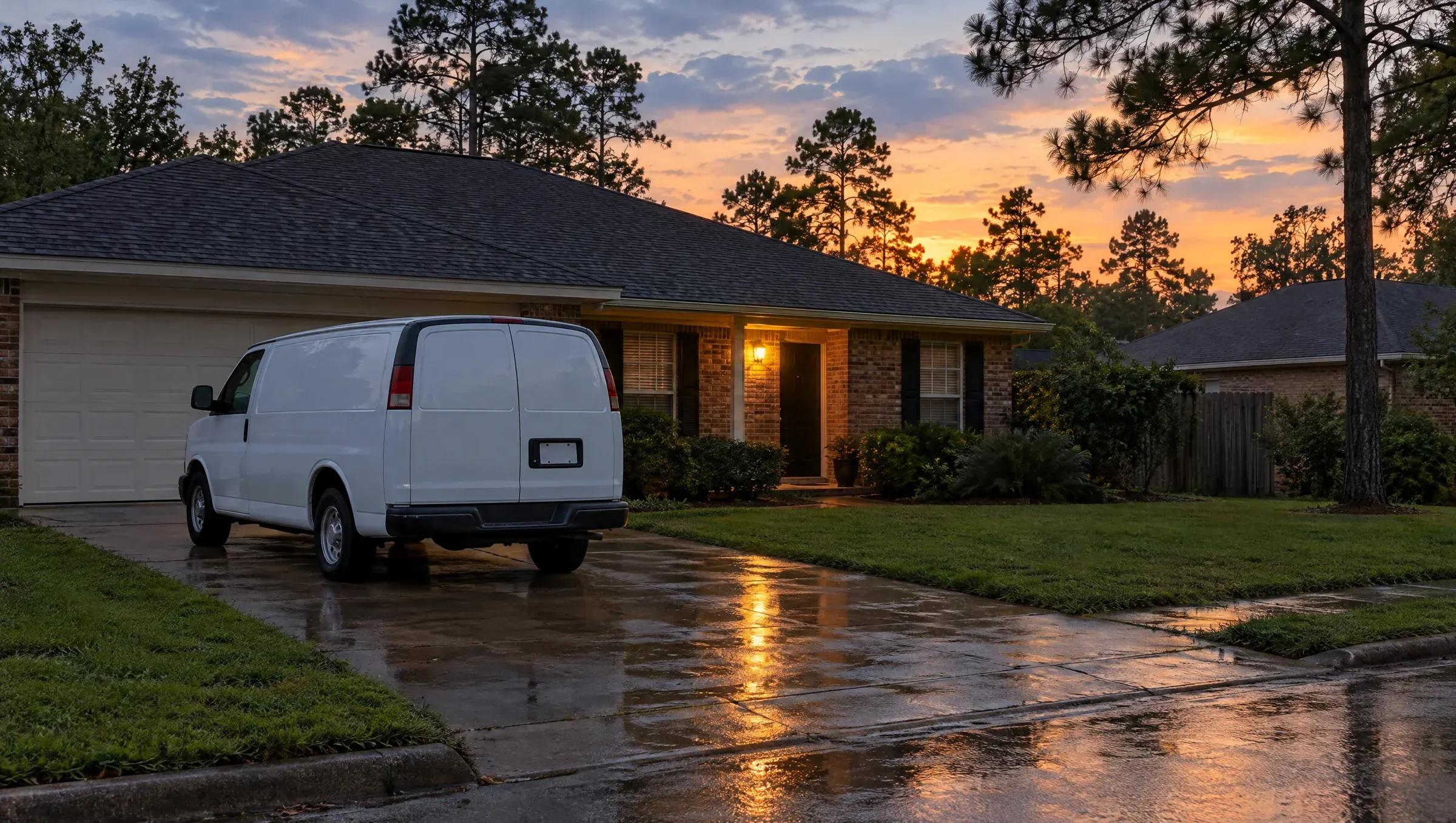 A plain white work van parked in the wet driveway of a brick house at dusk, the porch light on and tall pines against an orange sky.