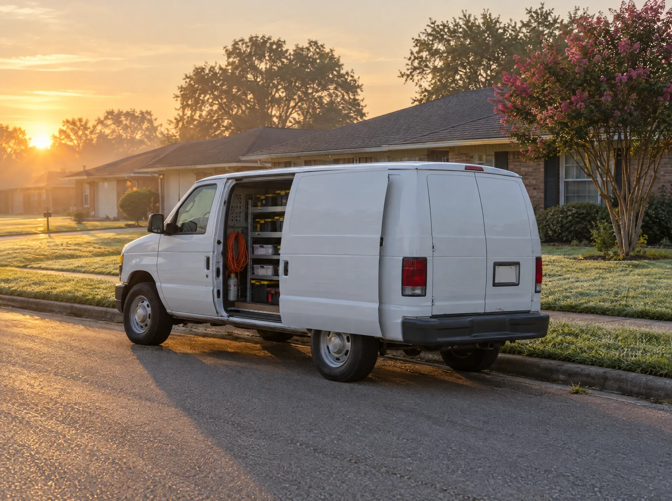 A plain white work van at the curb of a quiet street of brick houses at sunrise, its side door open on tidy shelves.