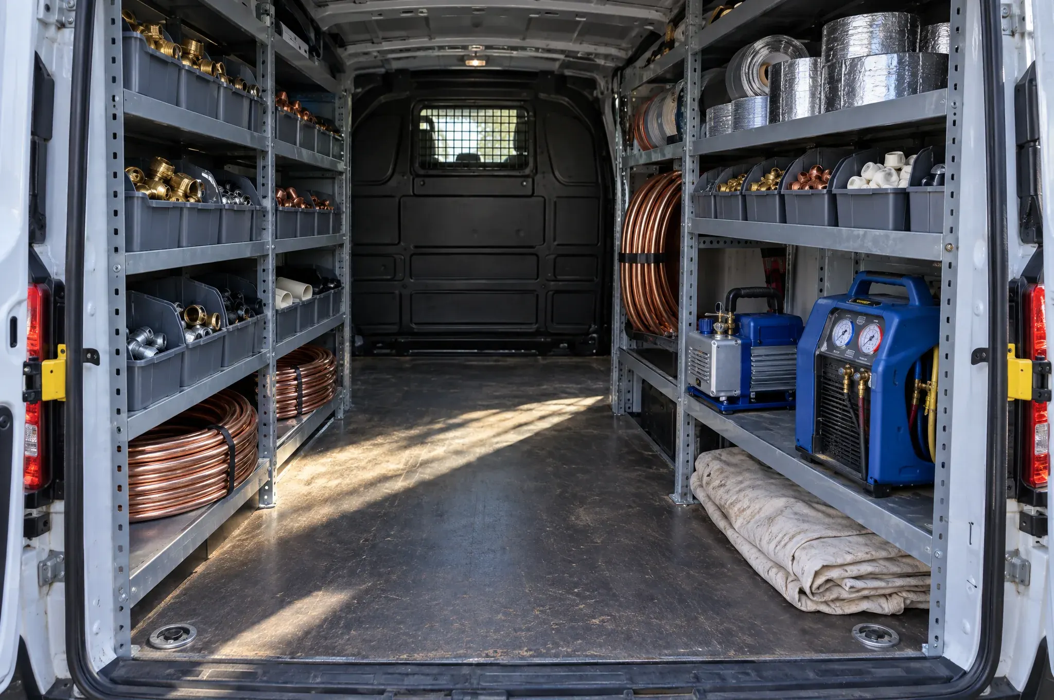 The open back of a work van with metal shelves of fittings, coils of copper tubing, foil tape, a vacuum pump and a recovery machine.