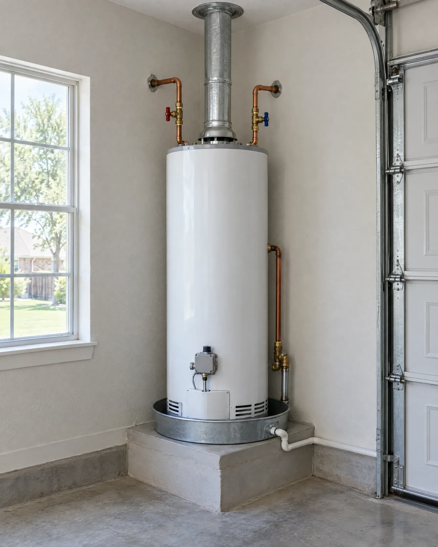 A white tank water heater on a raised platform in the corner of a garage, with copper lines, a shutoff valve and a drain pan.